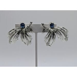 Vintage Emmons Silver Tone Blue Rhinestone Spray Clip Earrings